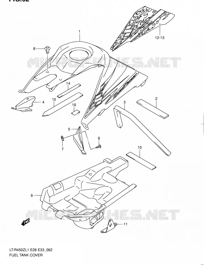 FUEL TANK - COVERS (LT-R450ZL1 E33) Suzuki QUAD 450 QUADRACER 2011  LT-R450 L1/LT-R450Z L1 (E03,E28,E33)