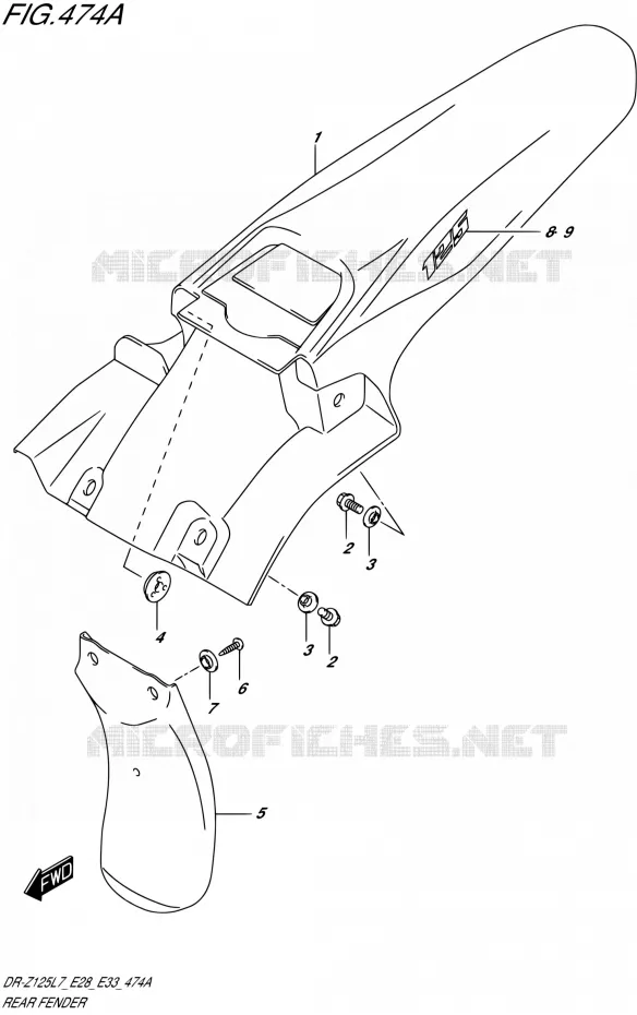 ACHTERSPATBORD (DR-Z125 E28) Suzuki MOTO 125 DR-Z 2017  DR-Z125 L7 (E28,E33)