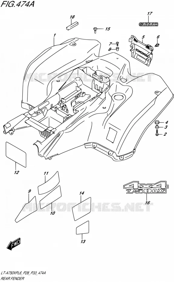 ACHTERSPATBORD (LT-A750XPL6 P28) Suzuki QUAD 750 KINGQUAD 2016  LT-A750XP L6/LT-A750XPZ L6 (P28,P33)