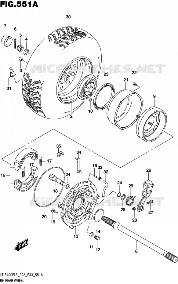 RECHTSE ACHTERWIEL (LT-F400FL5 P28) Suzuki QUAD 400 KINGQUAD 2015  LT-F400F L5/LT-F400FZ L5 (P03,P28,P33)
