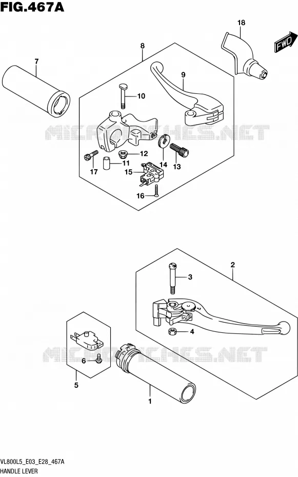HANDGRIPS - LEVERS (VL800L5 E03) Suzuki MOTO 800 BOULEVARD 2015  VL800 L5/VL800T L5 (E03,E28)