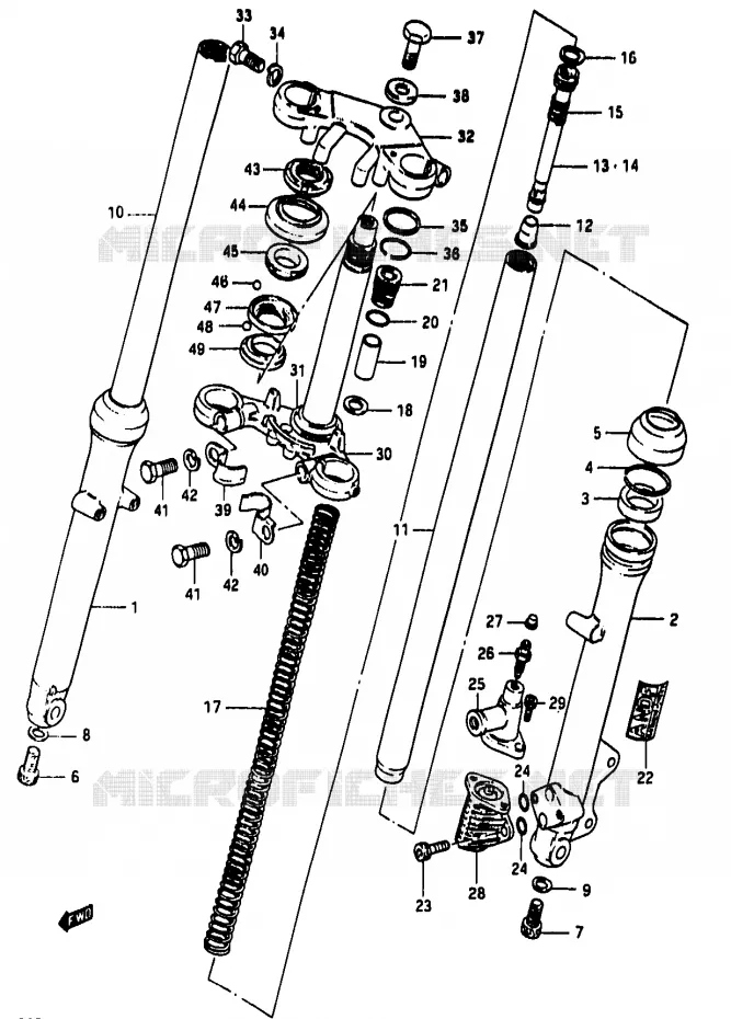 VOORVORK (MODELE D ~F.NO.111265) Suzuki MOTO 50 RG 1985  RG50F1(D/E/F/1/G/J/K)