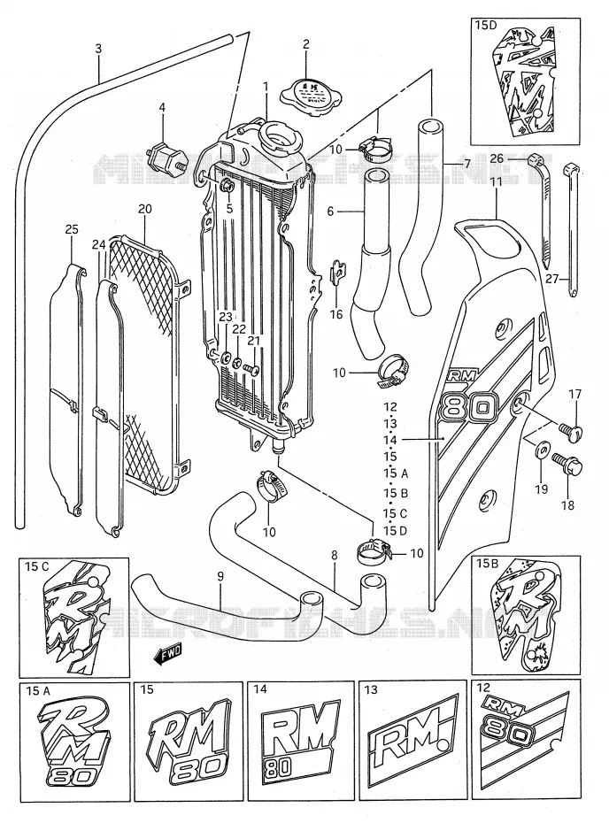 RADIATOR (MODELE G/H/J/K/L/M/N/P) Suzuki MOTO 80 RM 1989  RM80K(E28)