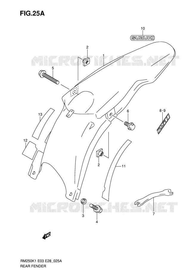 ACHTERSPATBORD (MODELE K2/K3/K4/K5/K6) Suzuki MOTO 250 RM 2005  RM250K5(E3/E28)