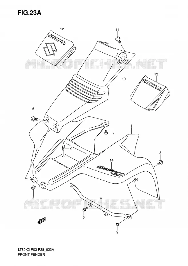 FRONT FENDER (MODELE K5/K6) Suzuki QUAD 80 QUADSPORT 2004  LT80K4(P3/P28)