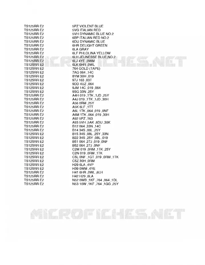 * CHARTE COULEUR * Suzuki MOTO 125 TS-R 1992  TS125RN(E2)