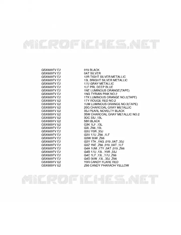 * CHARTE COULEUR * Suzuki MOTO 600 GSX-F 1997  GSX600FU2V(E2)