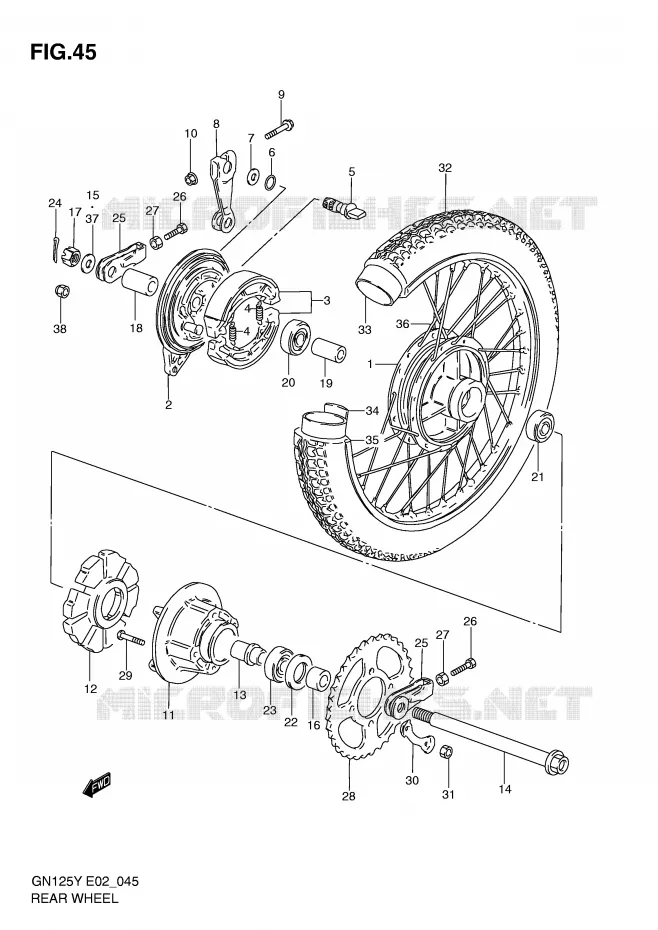 ACHTERWIEL (GN125V/W/X/Y/K1) Suzuki MOTO 125 GN 2001  GN125K1(E4)