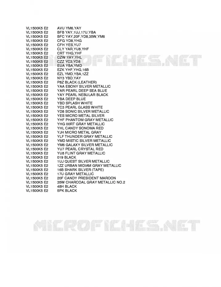 * CHARTE COULEUR * Suzuki MOTO 1500 INTRUDER 2007  VL1500K7(E2)