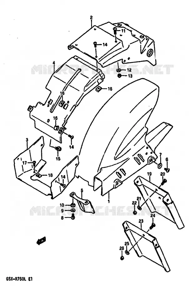 ACHTERSPATBORD (MODELE J/K) Suzuki MOTO 750 GSX-R 1990  GSX-R750L(J/K/L)