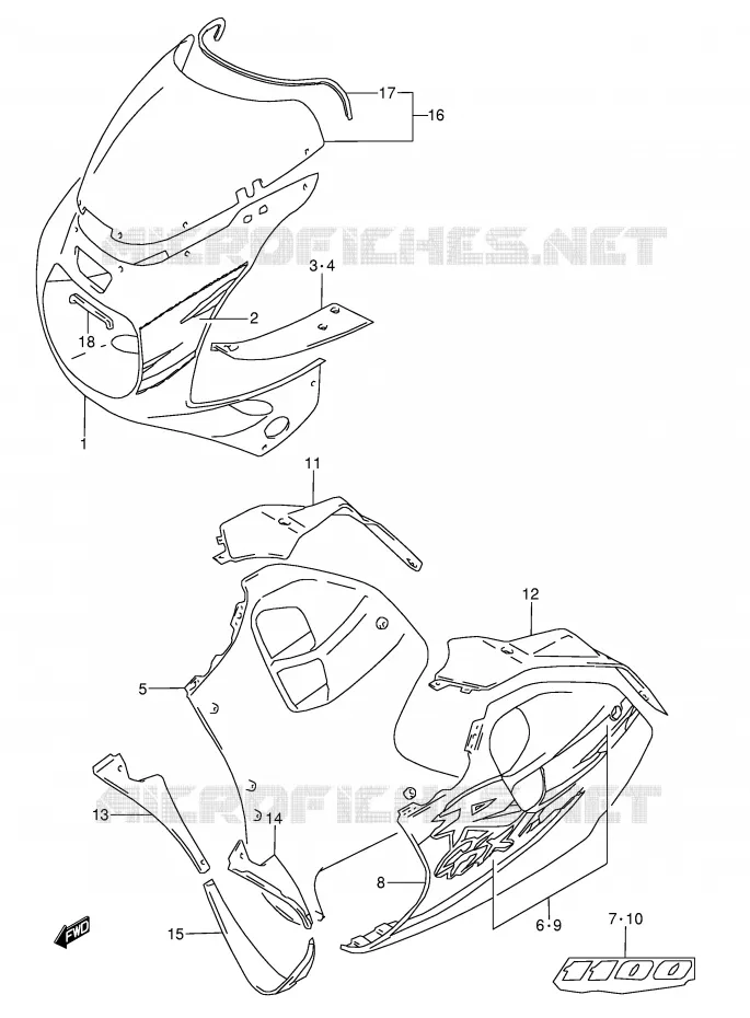 KUIP - ETIKETTEN (MODELE R 33J) Suzuki MOTO 1100 GSX-R 1998  GSX-R1100WW(E28)