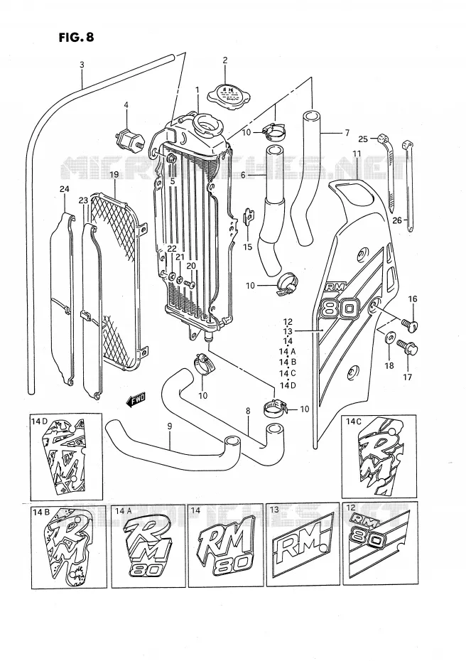 RADIATOR (MODELE G/H/K/L/M/N/P) Suzuki MOTO 80 RM 1987  RM80H(E24)