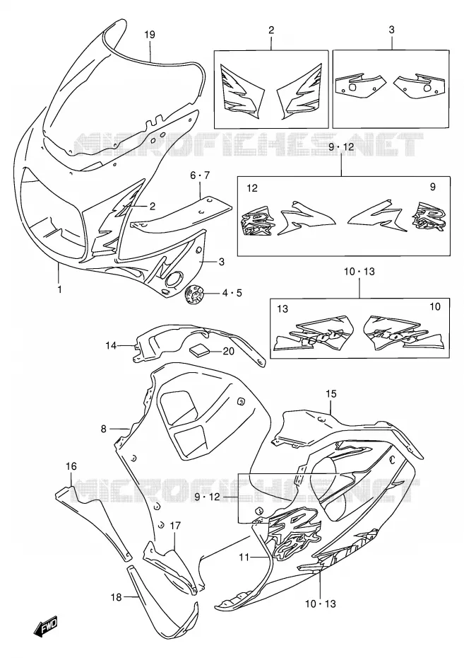 KUIP - ETIKETTEN (MODELE S) Suzuki MOTO 1100 GSX-R 1993  GSX-R1100WP(E2)
