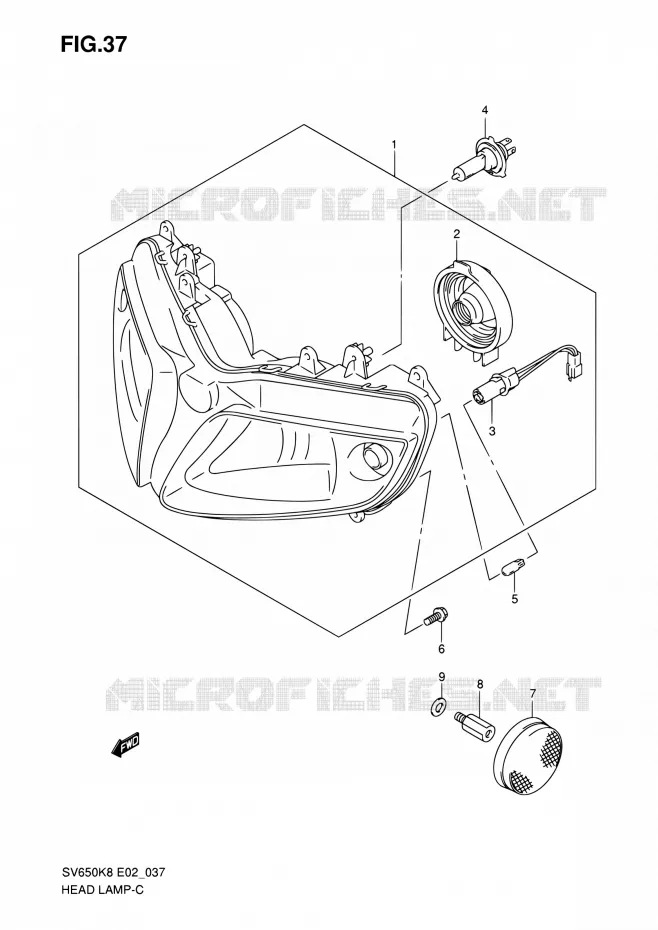KOPLAMP (SV650SK8/SK9/SAK8/SL0/SAL0/SUL0 E24) Suzuki MOTO 650 SV 2008  SV650SUK8(E19)